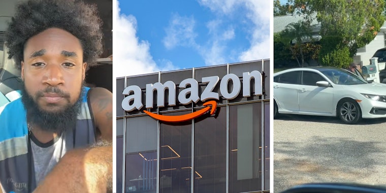 amazon worker(l) Amazon Sign on Building(c) Person getting in car(r)